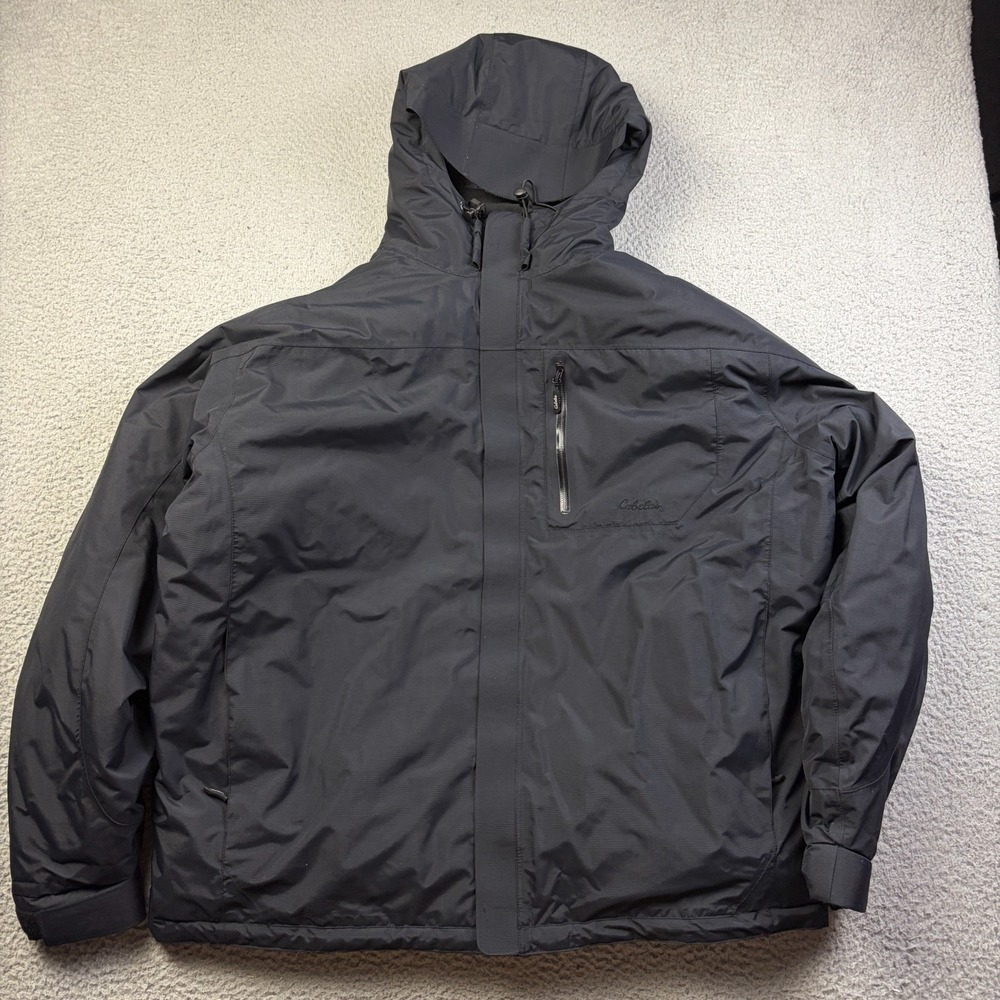 Cabela's Jacket Men's XL Tall Black Dry-Plus Waterproof Hooded Outdoor Rain Coat